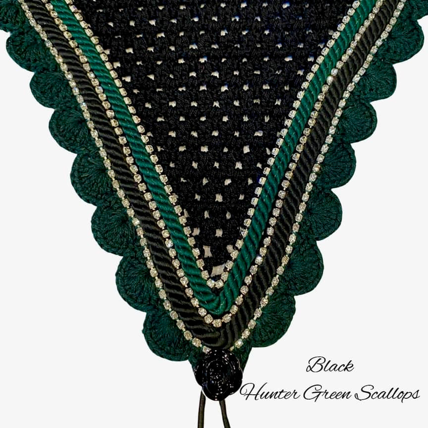 Tiedown Bonnets - Cob - Black Base/Green Scallops/3 Clear Bling/Black & Green Piping