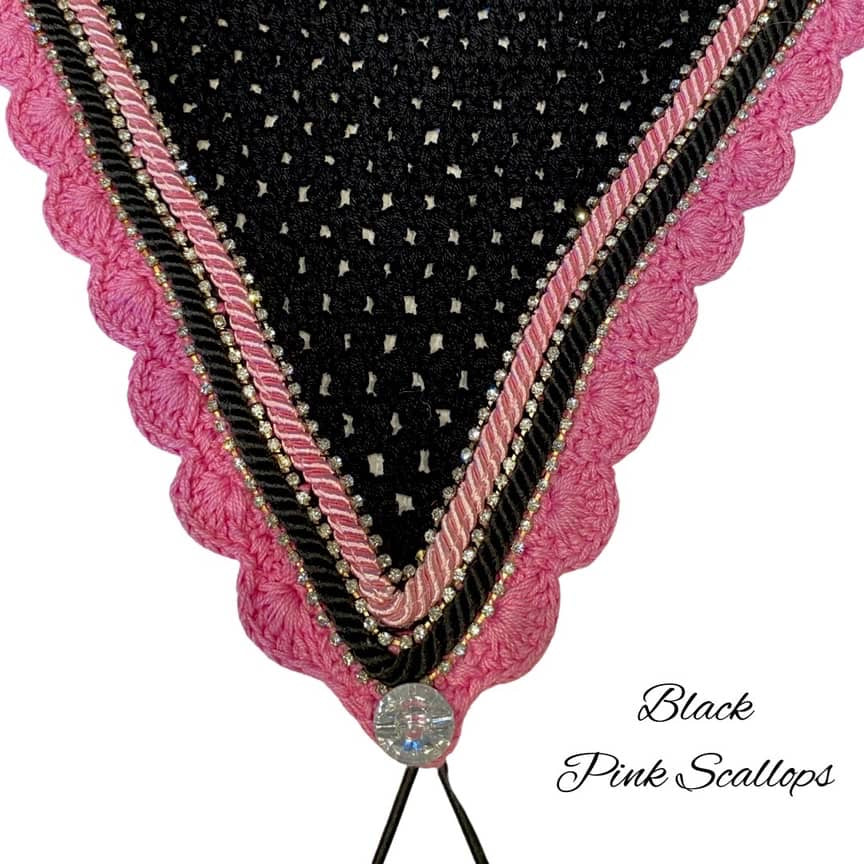 Tiedown Bonnets - Warmblood - Black Base/Pink Scallops/3 Clear Bling/Black and Pink Piping