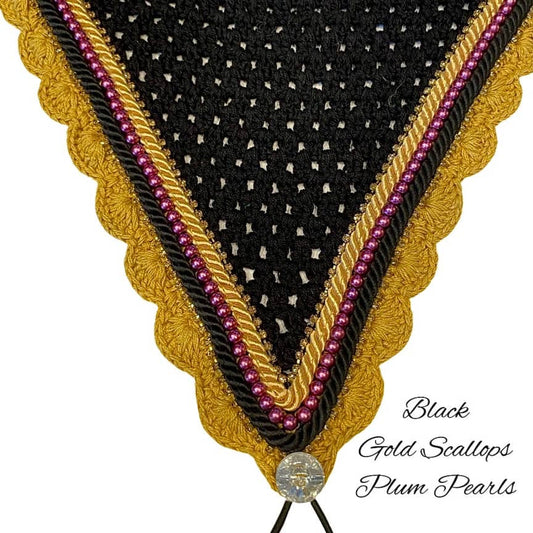 Tiedown Bonnets - Warmblood - Black Base/Gold Scallops/2 Gold Bling/1 Plum Pearl/Black & Gold Piping