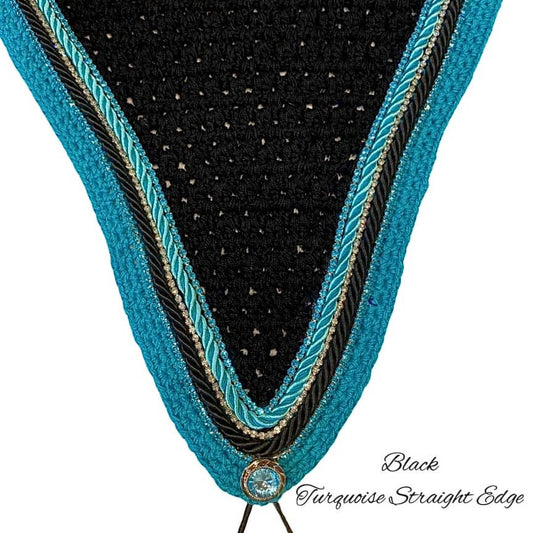 Tiedown Bonnets - Warmblood - Black Base/Turquoise Straight Edge/2 Light Blue Bling/1 Clear Bling/Black & Light Blue Piping