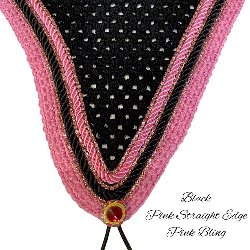 Tiedown Bonnets - Full - Black Base/Pink Straight Edge/3 Pink Bling/Black & Pink Piping