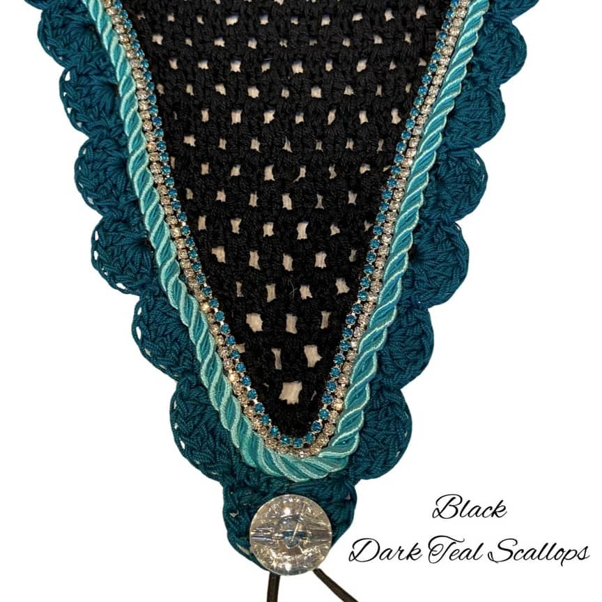 Tiedown Bonnets - Warmblood - Black Base/Dark Teal Scallops/1 Clear Bling/1 Blue Bling/1 Light Blue Piping