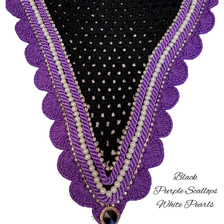 Tiedown Bonnets - Full - Black Base/Purple Scallops/2 Clear Bling/1 White Pearl/2 Lavender Piping