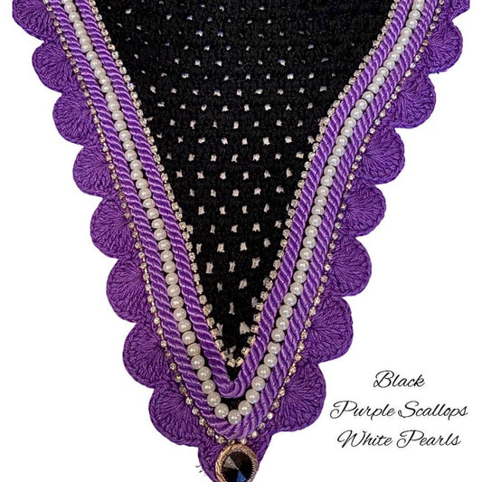 Tiedown Bonnets - Full - Black Base/Purple Scallops/2 Clear Bling/1 White Pearl/2 Purple Piping