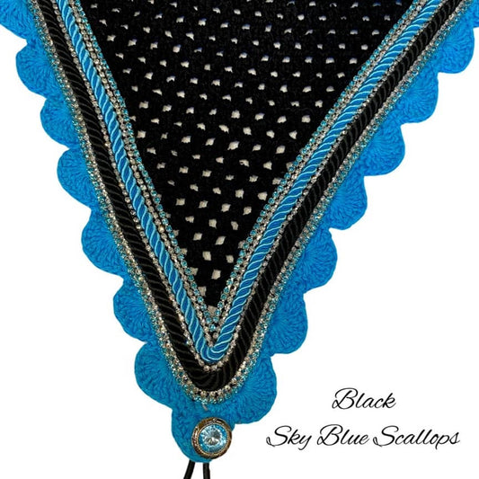 Tiedown Bonnets - Full - Black Base/Sky Blue Scallops/3 Clear Bling/2 Blue Bling/Black & Blue Piping