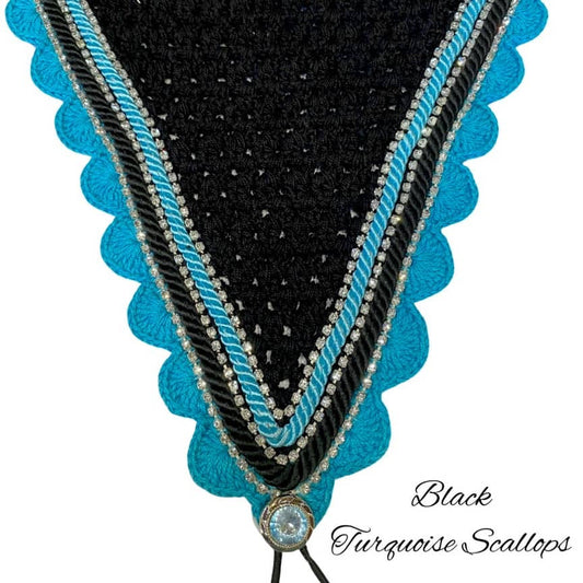 Tiedown Bonnets - Warmblood - Black Base/Turquoise Scallops/3 Clear Bling/Black & Turquoise Piping