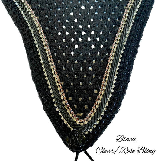 Tiedown Bonnets - Full - Black Base/Black Straight Edge/2 Clear Bling/1 Rose Bling/1 Black Piping