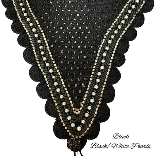 Tiedown Bonnets - Full - Black Base/Black Scallops/2 Clear Bling/1 White & Black Pearls/2 Black Piping