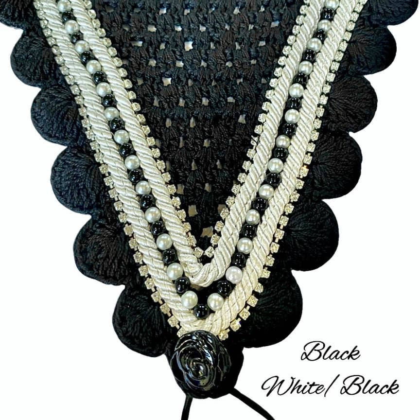 Tiedown Bonnets - Full - Black Base/Black Scallops/2 Clear Bling/1 White & Black Pearls/2 White Piping