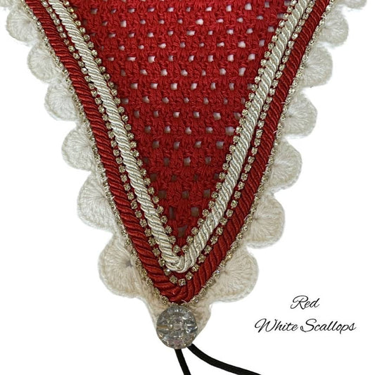 Tiedown Bonnets - Full - Red Base/White Scallops/3 Clear Bling/Red & White Piping