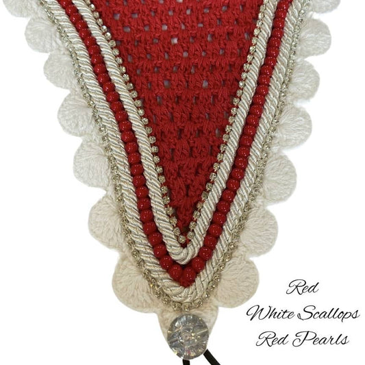 Tiedown Bonnets - Full - Red Base/White Scallops/2 Clear Bling/1 Red Pearl/2 White Piping