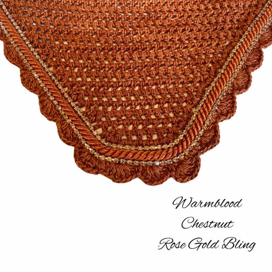 Classic Cut Bonnets - Warmblood - Chestnut Base/Chestnut Scallops/2 Rose Gold Bling/1 Chestnut Piping