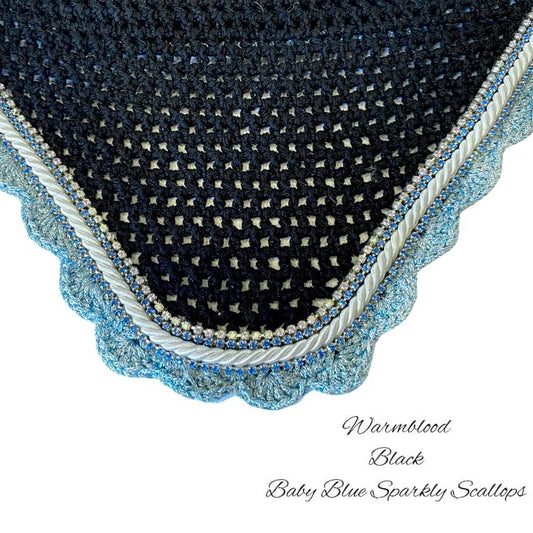 Classic Cut Bonnets - Warmblood - Black Base/Baby Blue Sparkly Scallops/2 Blue Bling/1 Clear Bling/1 White Piping