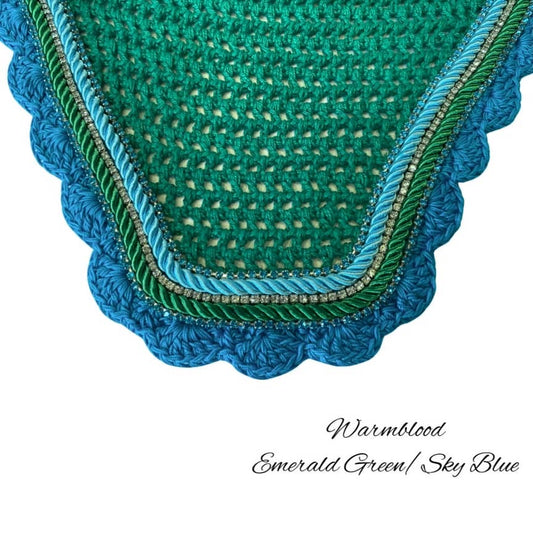 Classic Cut Bonnets - Warmblood - Emerald Green Base/Sky Blue Scallops/2 Teal Bling/1 Clear Bling/Green & Blue Piping