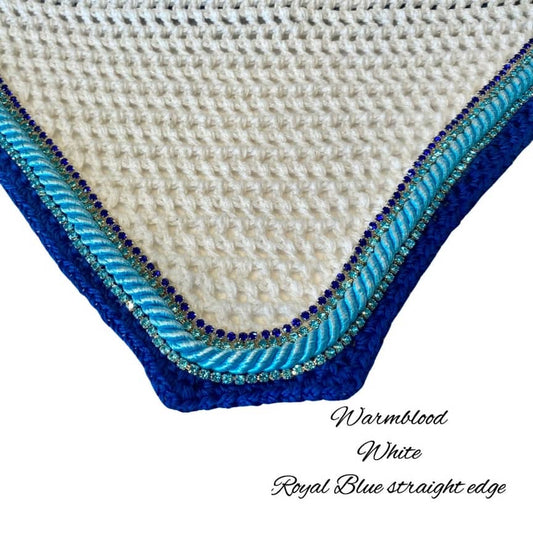 Classic Cut Bonnets - Warmblood - White Base/Royal Blue Straight Edge/2 Teal Bling/1 Royal Blue Bling/1 Teal Piping