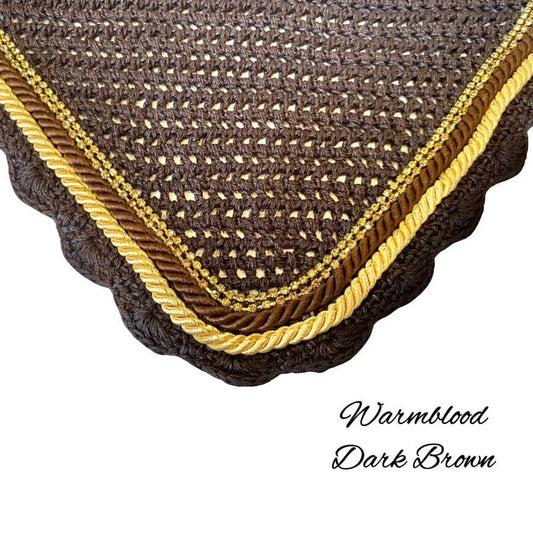 Classic Cut Bonnets - Warmblood - Dark Brown Base/Brown Scallops/2 Gold Bling/Gold & Brown Piping