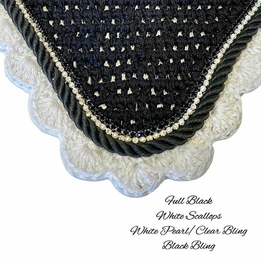 Classic Cut Bonnets - Full - Black Base/White Scallops/1 Black Bling/1 White Bling-Pearl/1 Black Piping