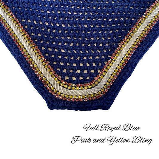 Classic Cut Bonnets - Full - Royal Blue Base/Royal Blue Straight Edge/2 Pink Bling/2 Yellow Bling/1 White Piping