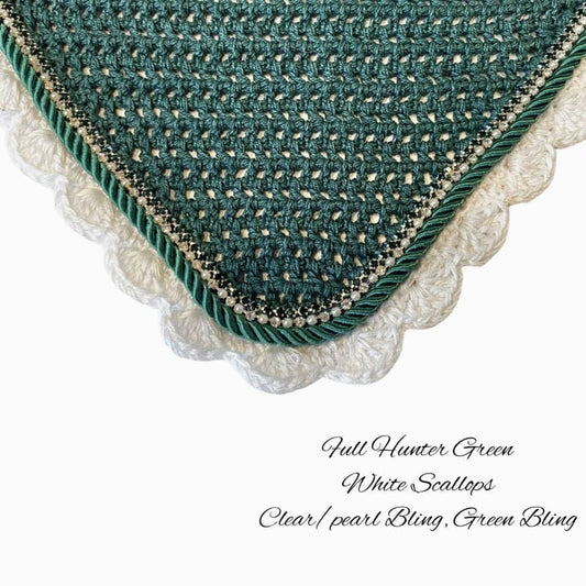 Classic Cut Bonnets - Full - Hunter Green Base/White Scallops/1 Green Bling/1 White Bling-Pearl/1 Hunter Green Piping