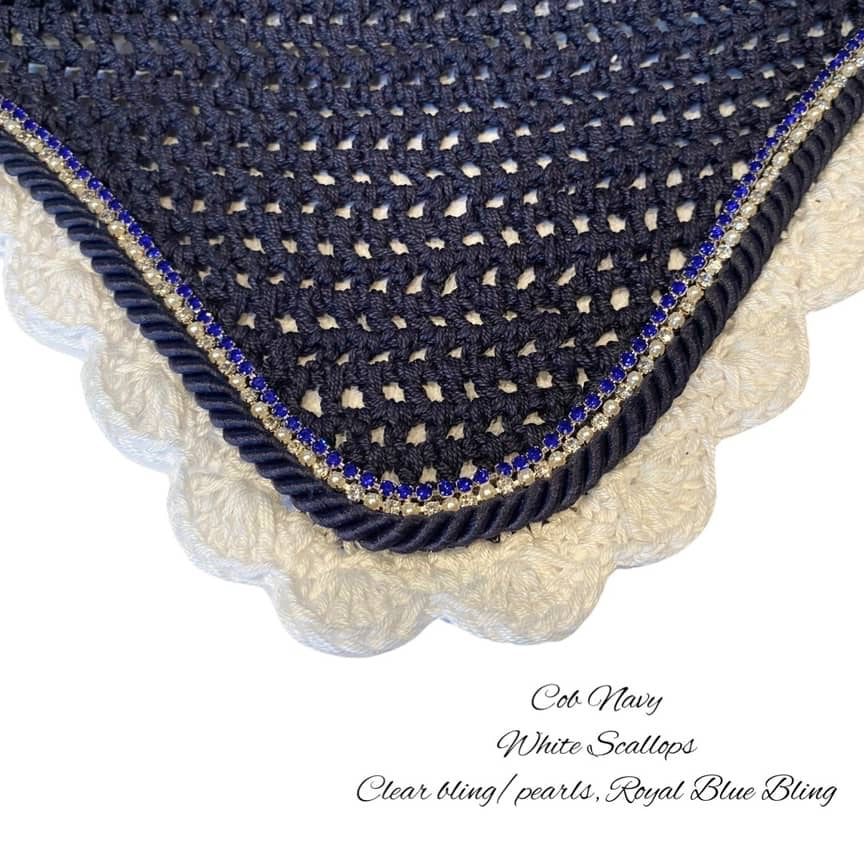 Classic Cut Bonnets - Cob - Navy Base/White Scallops/1 White Bling-Pearls/1 Royal Blue Bling/1 Navy Piping