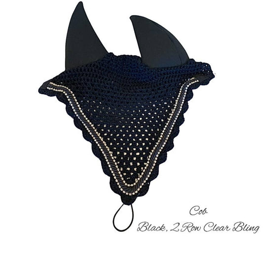 Double Soundproof - Tiedown Bonnets - Cob - Black Base/Black Scallops/2 Clear Bling/1 Black Piping