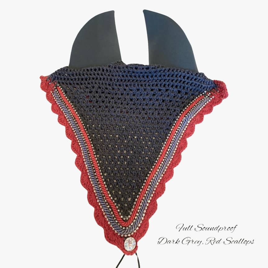 Soundproof - Tiedown Bonnets - Full - Charcoal Base/Red Scallops/3 Clear Bling/Grey & Red Piping