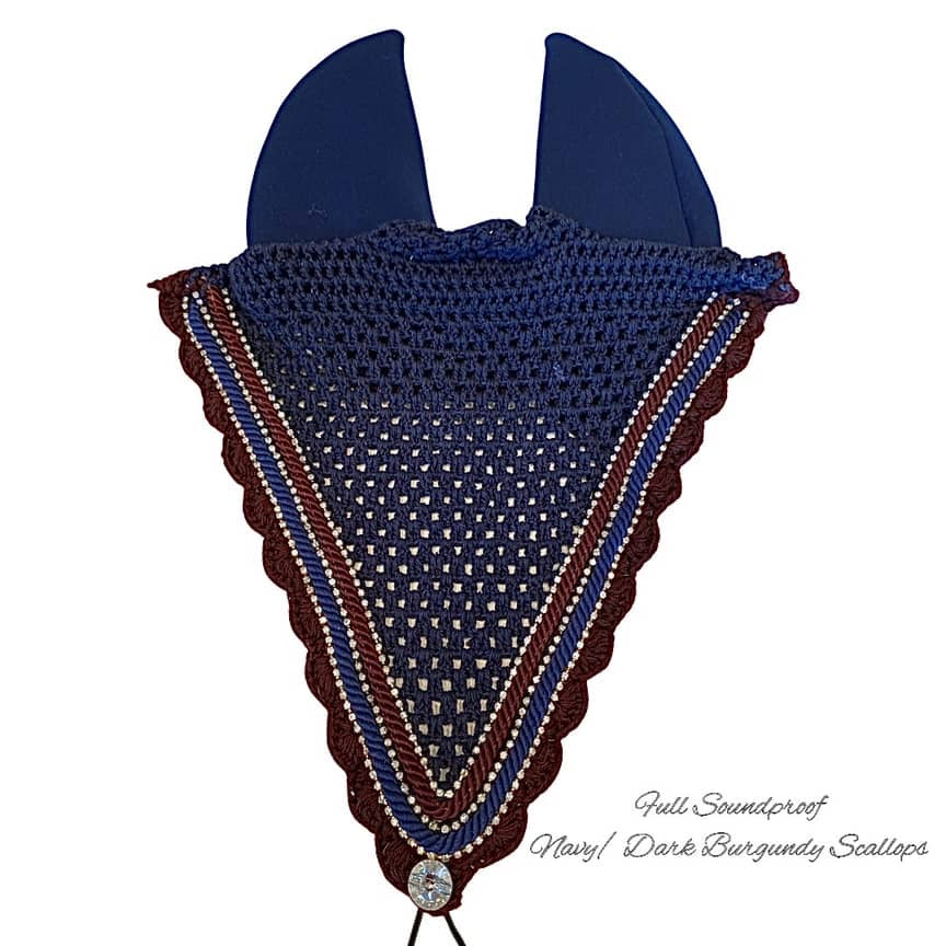 Soundproof - Tiedown Bonnets - Full - Navy Base/Burgundy Scallops/3 Clear Bling/Navy & Burgundy Piping