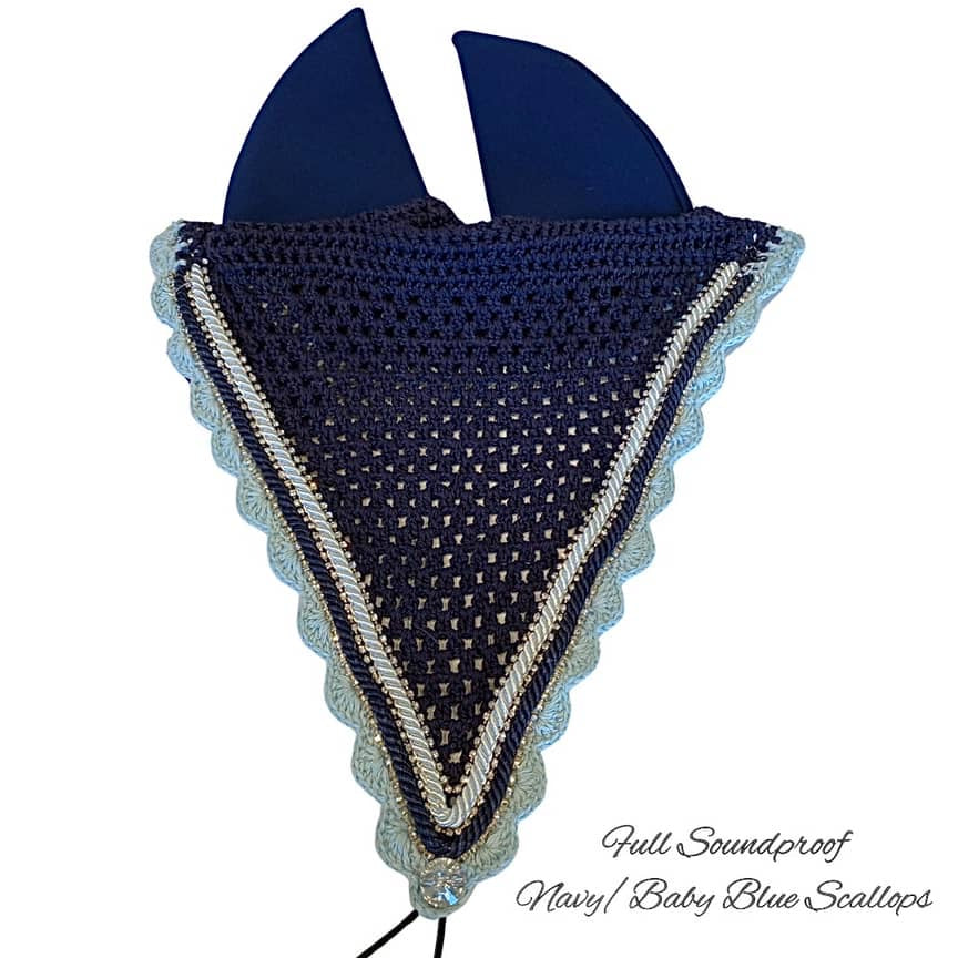 Soundproof - Tiedown Bonnets - Full - Navy Base/Baby Blue Scallops/3 Clear Bling/Navy & White Piping