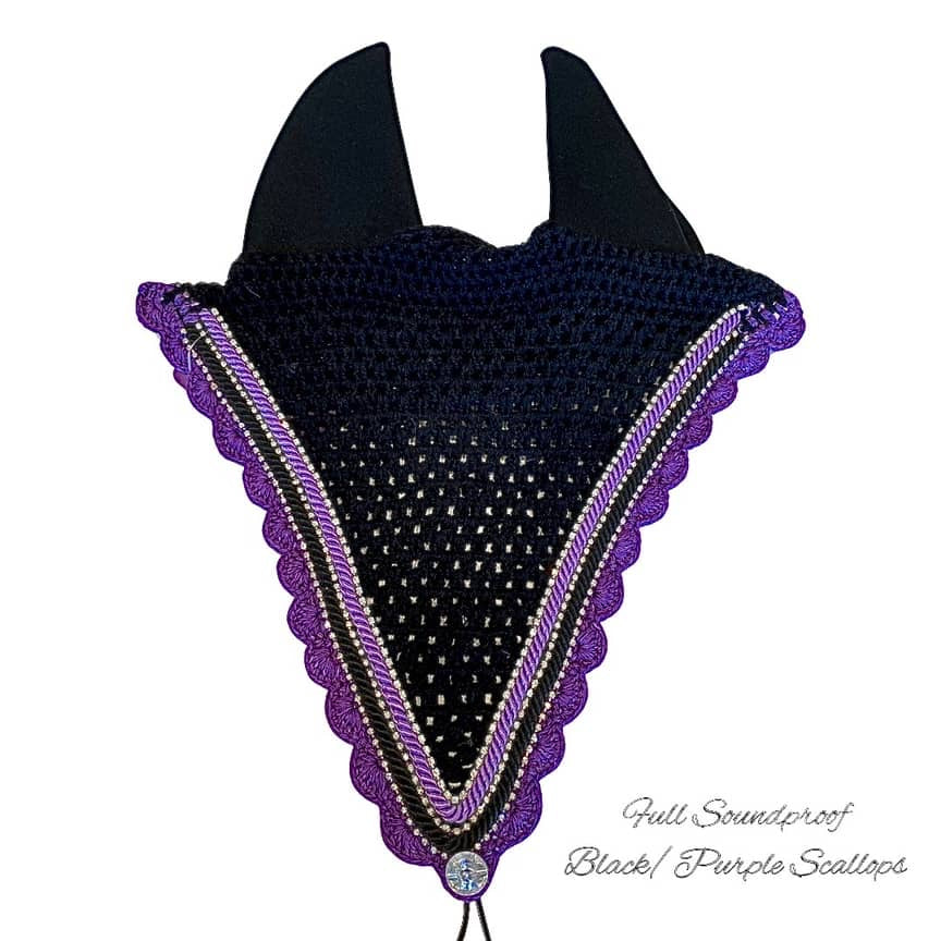 Soundproof - Tiedown Bonnets - Full - Black Base/Purple Scallops/3 Clear Bling/Black & Purple Piping