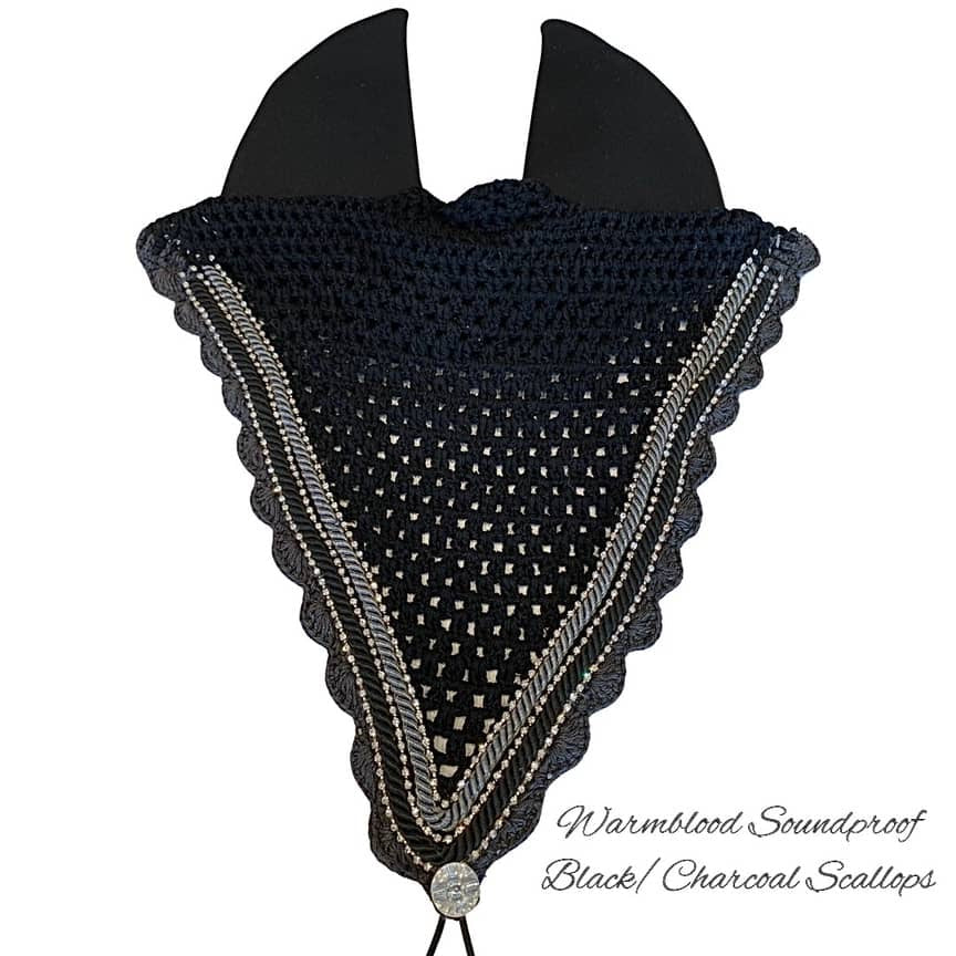 Soundproof - Tiedown Bonnets - Warmblood - Black Base/Charcoal Scallops/3 Clear Bling/Black & Grey Piping