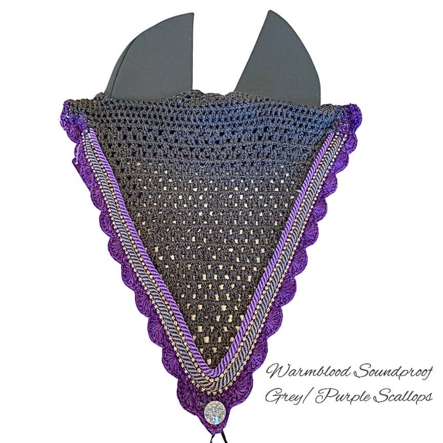 Soundproof - Tiedown Bonnets - Warmblood - Grey Base/Purple Scallops/2 Clear Bling/Grey & Purple Piping