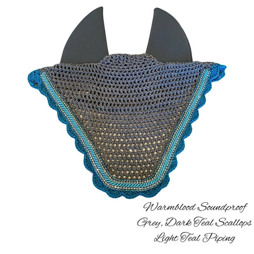 Soundproof - Classic Cut Bonnets - Warmblood - Grey Base/Teal Scallops/2 Teal Bling/2 Clear Bling/1 Teal Piping