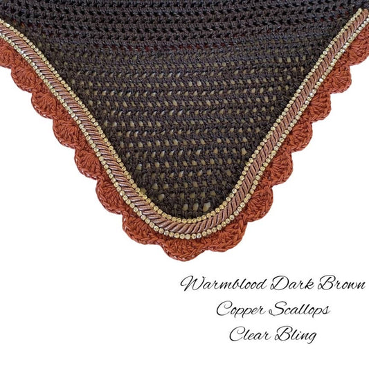 Classic Cut Bonnets - Warmblood - Dark Brown Base/Copper Scallops/2 Clear Bling/1 Copper Piping