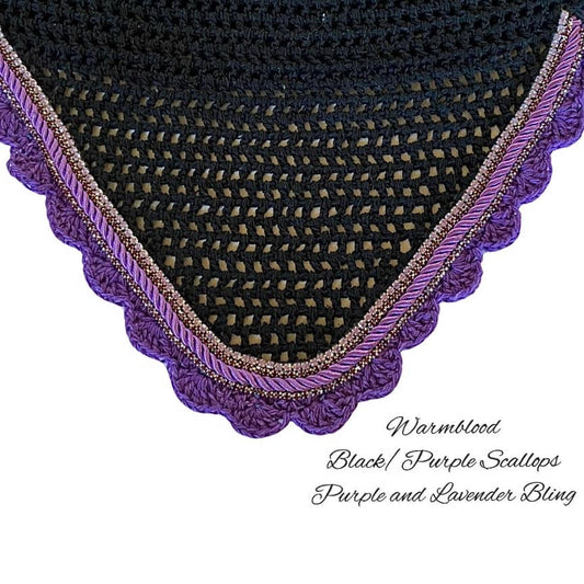 Classic Cut Bonnets - Warmblood - Black Base/Purple Scallops/1 Lavender Bling/1 Purple Bling/1 Purple Piping