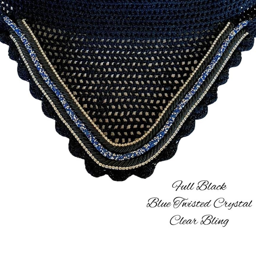 Classic Cut Bonnets - Full - Black Base/Black Scallops/2 Clear Bling/1 Blue Twisted Crystal/2 Black Piping