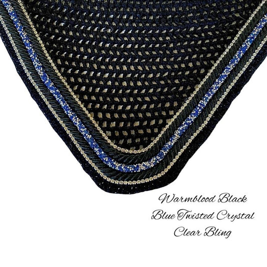 Classic Cut Bonnets - Warmblood - Black Base/Black Straight Edge/2 Clear Bling/1 Blue Twisted Crystal/2 Black Piping