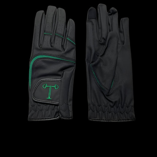 Touch Screen Riding Gloves - Black Base /Green Trim (Size Medium)