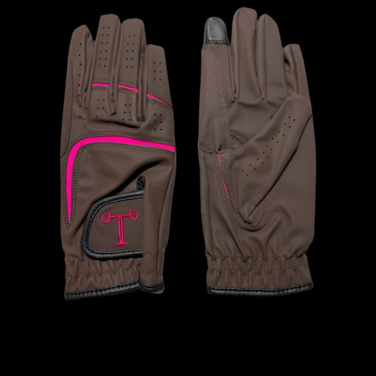 Touch Screen Riding Gloves - Brown Base / Pink Trim (Size Small)
