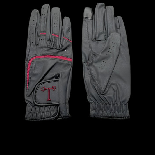 Touch Screen Riding Gloves - Charcoal Base / Burgundy Trim (Size Large)