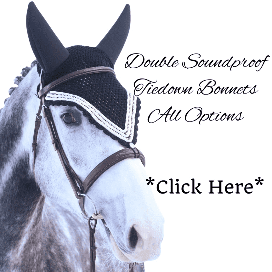 Double Soundproof - Tiedown Bonnets - Warmblood - Black Base/Black Scallops/2 Clear Bling/3 White Piping