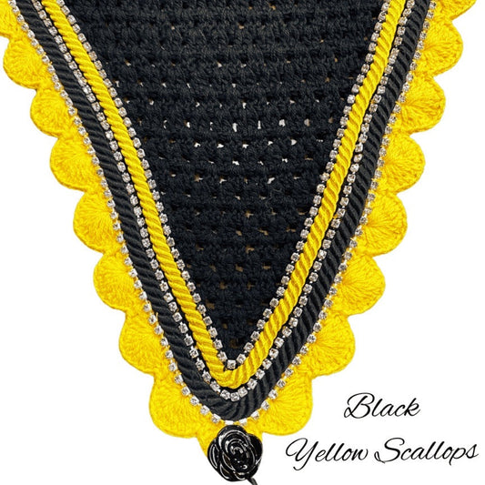 Tiedown Bonnets - Full - Black Base/Yellow Scallops/3 Clear Bling/Yellow & Black Piping