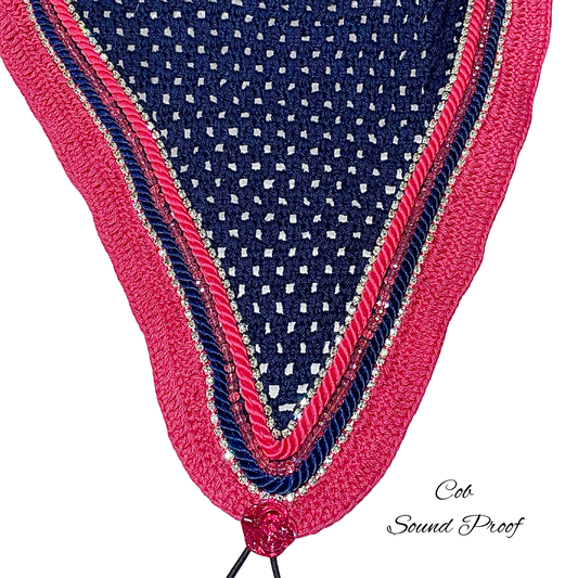 Soundproof - Tie Down Bonnets - Cob - Navy Base/Pink Straight Edge/2 Clear Bling/1 Pink Crystal/Pink and Navy Piping