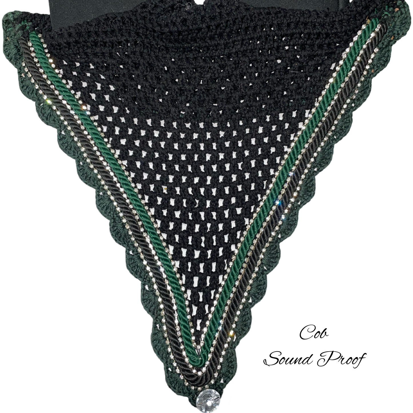 Soundproof - Tie Down Bonnets - Cob - Black base/Green Scallops/3 Clear Bling/Green and Black Piping