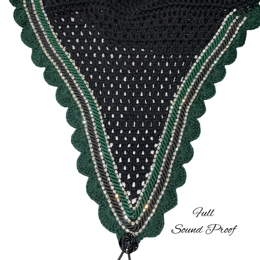 Soundproof - Tiedown Bonnets - Full - Black Base/Green Scallops/3 Clear Bling/Black and Green Piping