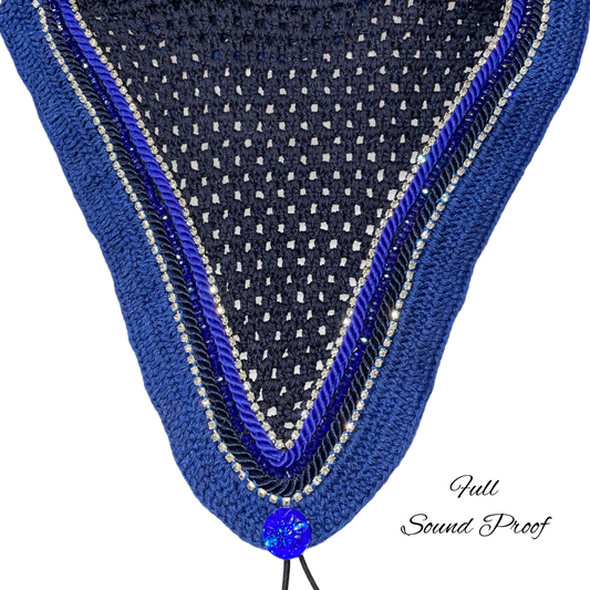 Soundproof - Tiedown Bonnets - Full - Navy Base/Blue Straight Edge/2 Clear Bling/1 Blue Crystal/Blue and Navy Piping