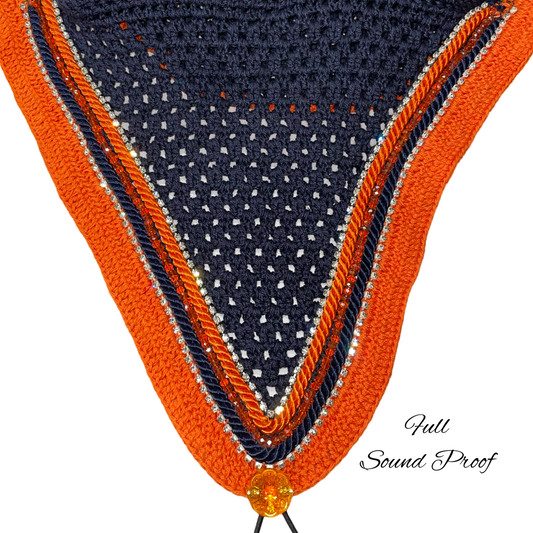 Soundproof - Tiedown Bonnets - Full - Navy Base/Orange Straight Edge/2 Clear Bling/1 Orange Crystal/Navy and Orange Piping