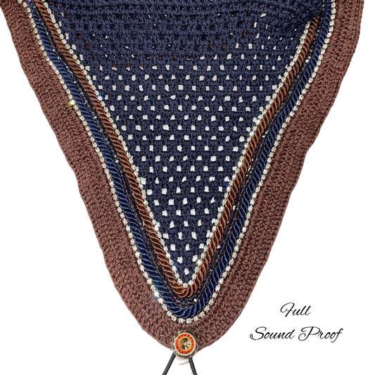 Soundproof - Tiedown Bonnets - Full - Navy Base/Brown Straight Edge/2 Clear Bling/1 Brown Crystal/Navy and Brown Piping