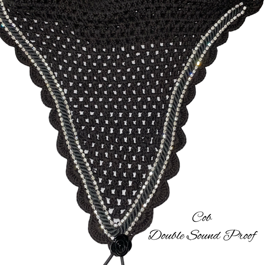 Double Soundproof - Tiedown Bonnets - Cob - Black Base/Black Scallops/2 Clear Bling/1 Black Piping