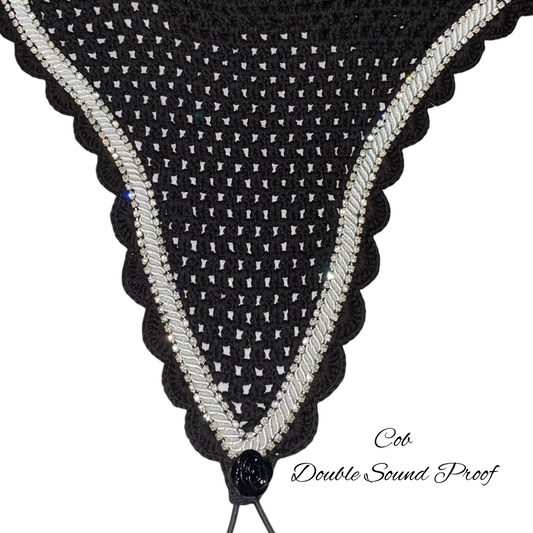 Double Soundproof - Tiedown Bonnets - Cob - Black Base/Black Scallops/2 Clear Bling/1 White Piping