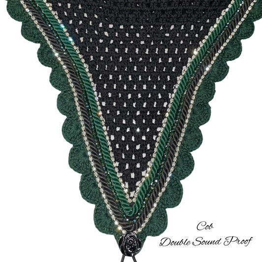 Double Soundproof - Tiedown Bonnets - Cob - Black Base/Dark Green Scallops/2 Clear Bling/1 Dark Green Crystal/Black and Dark Green Piping